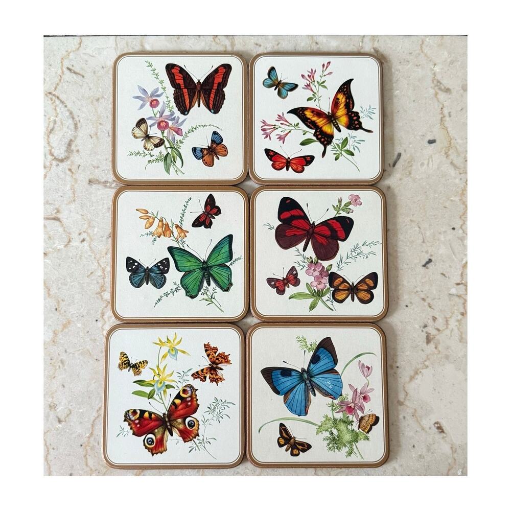 English Life Satin Finish 6 Coaster Set Box Butterfly Cork Back Dark Academia
